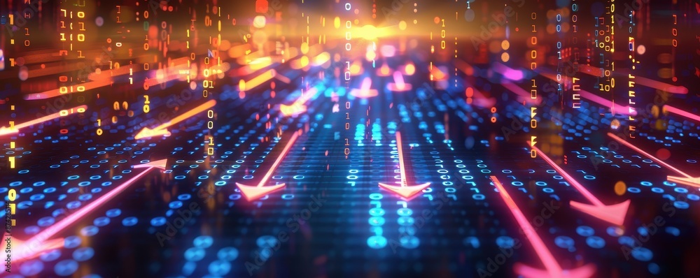 Abstract Binary Code with Neon Arrows for Technology Background Abstract Binary Code with Neon Arrows for Technology Background