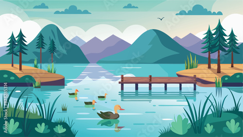 A serene lake with a wooden pier and a few ducks swimming in the water
