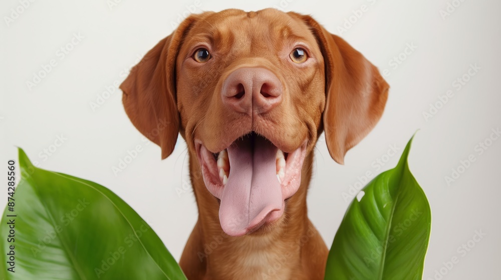 A brown dog with a tongue sticking out is standing in front of a green leaf. The dog appears to be happy and playful, and the leaf adds a touch of nature to the scene A brown dog with a tongue sticking out is standing in front of a green leaf. The dog appears to be happy and playful, and the leaf adds a touch of nature to the scene