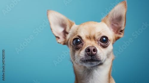 A small dog with brown fur and black eyes is staring at the camera. The dog's eyes are large and seem to be looking directly at the viewer. The dog's ears are perked up