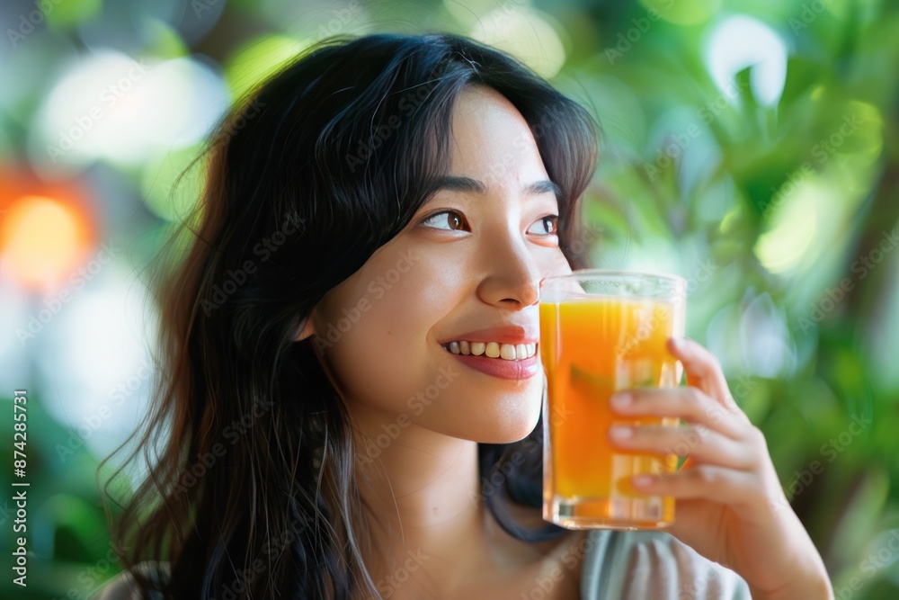 A woman is holding a glass of orange juice and smiling A woman is holding a glass of orange juice and smiling