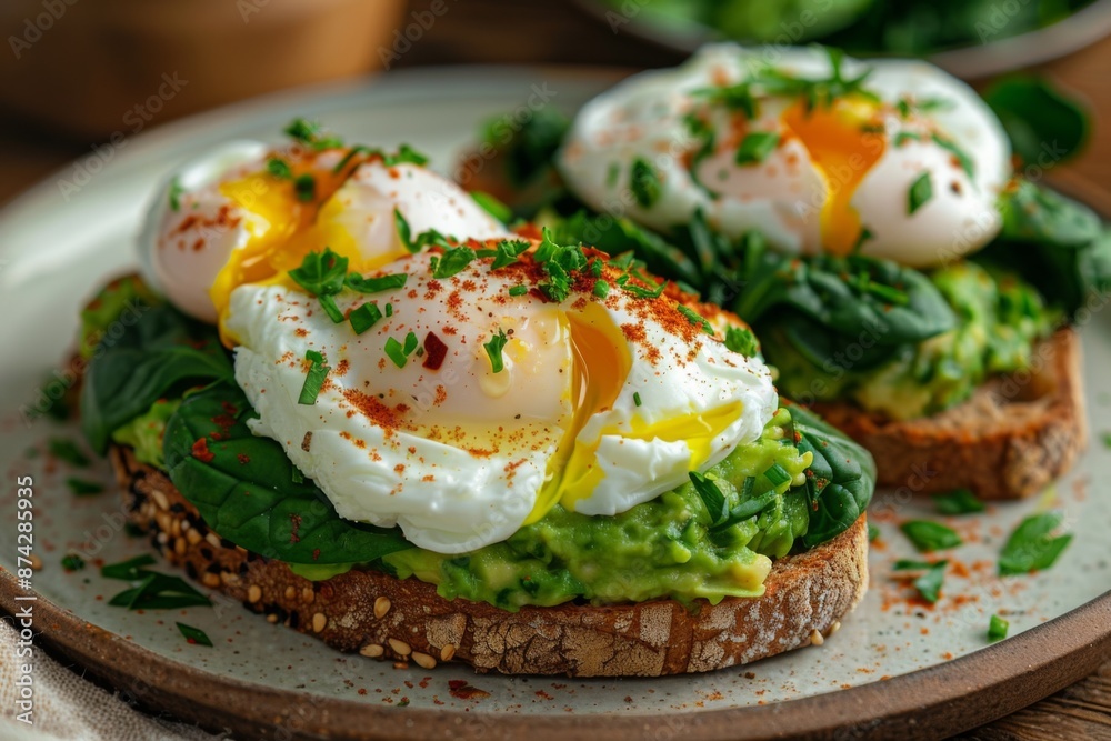 Avocado toast with poached eggs on plate Avocado toast with poached eggs on plate