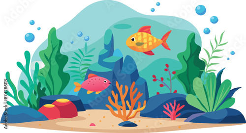 A cartoonish drawing of a fish swimming in a rocky, green sea