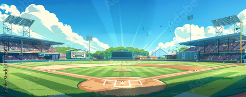A classic baseball field under a clear blue sky, with neatly trimmed grass, a well-maintained infield, and the iconic diamond shape. The stands are filled with cheering fans, capturing the excitement