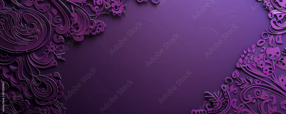 A cut-out paper banner with detailed paisley patterns, layered on a rich purple background, creating an intricate and luxurious visual. A cut-out paper banner with detailed paisley patterns, layered on a rich purple background, creating an intricate and luxurious visual.