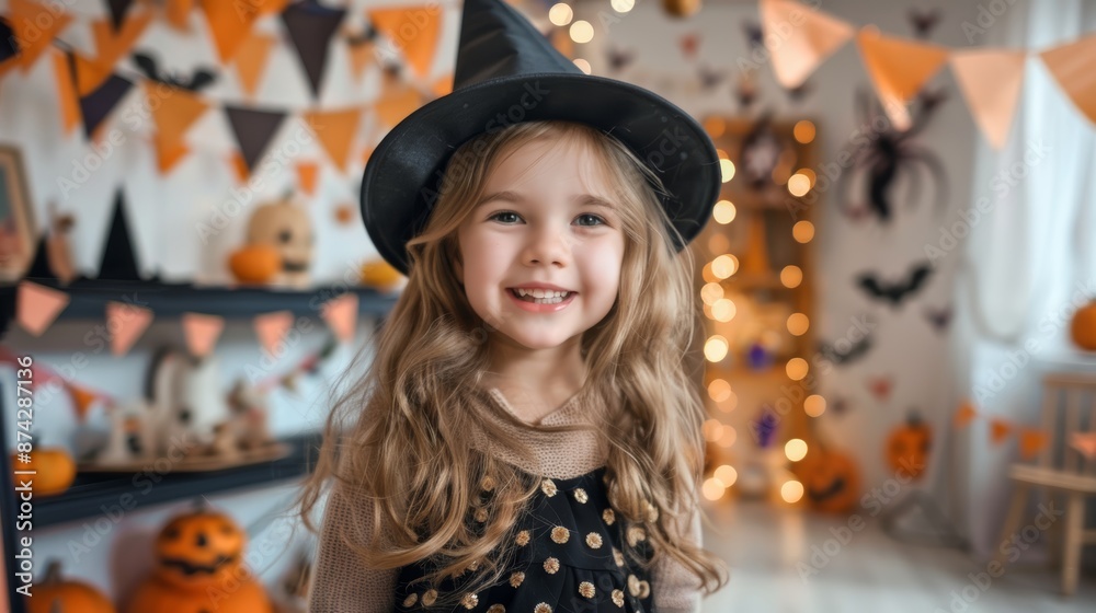 Little girl in witch costume. Smiling little girl in a witch costume with Halloween decorations in the background. Little girl in witch costume. Smiling little girl in a witch costume with Halloween decorations in the background.