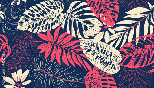 Tropical plants seamless pattern, palm leaves and Monstera flowers, on a blue background, blue and pink tones. Vector illustration