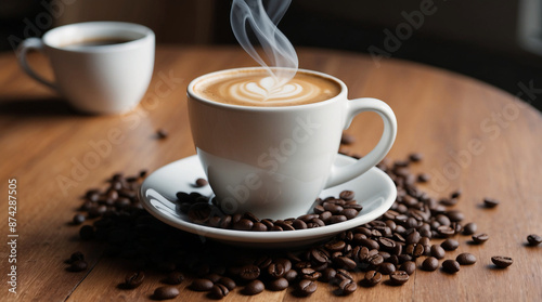White cup of latte art coffee with steam rising from it rests on white saucer surrounded by coffee beans. Brown wooden table