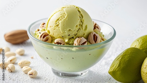 Pistachio Style Ice Cream in a Glass Cup with Pistachio Nuts on a Light Green Background