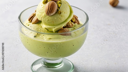 Pistachio Style Ice Cream in a Glass Cup with Pistachio Nuts on a Light Green Background