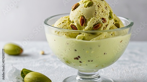 Pistachio Style Ice Cream in a Glass Cup with Pistachio Nuts on a Light Green Background