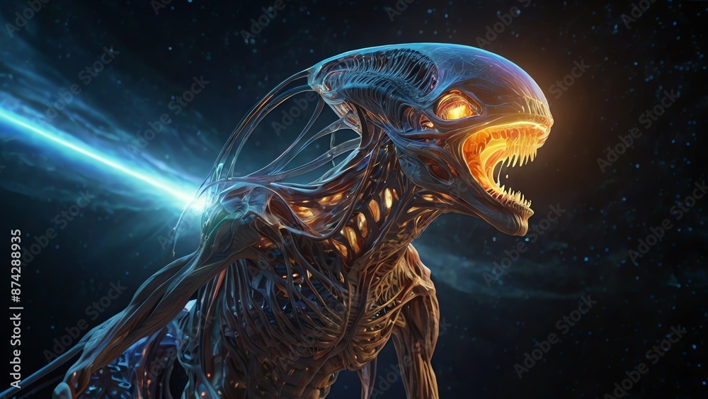 A spectrally glowing alien being, its translucent tendrils reaching out towards a distant, shimmering copy space