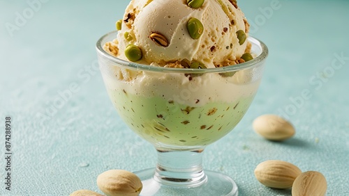 Pistachio Style Ice Cream in a Glass Cup with Pistachio Nuts on a Light Green Background