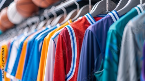 Assortment of team sports uniforms and jerseys in various colors and styles, hanging on a rack with sports equipment visible in the background