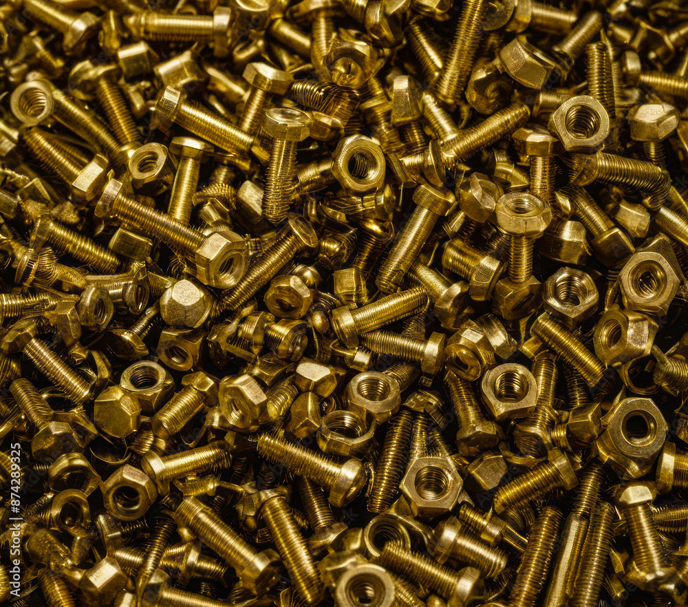 A close-up shot of a pile of gold-plated bolts and nuts, highlighting their intricate details and the shimmering surface A close-up shot of a pile of gold-plated bolts and nuts, highlighting their intricate details and the shimmering surface