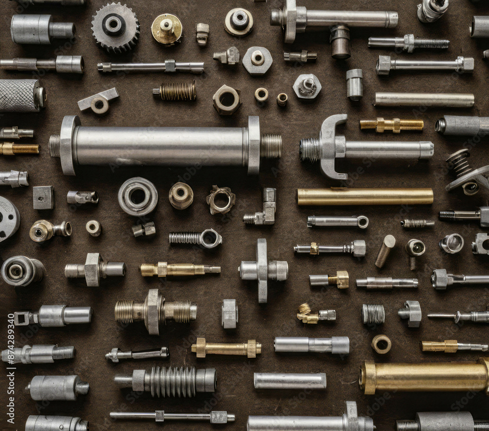 Various metallic parts and components, including screws, nuts, gears, and rods, are spread out on a textured brown surface Various metallic parts and components, including screws, nuts, gears, and rods, are spread out on a textured brown surface