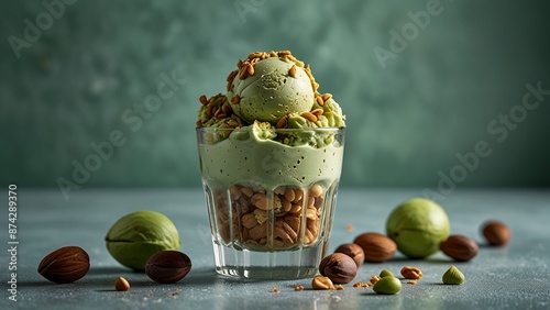 Pistachio Style Ice Cream in a Glass Cup with Pistachio Nuts on a Light Green Background