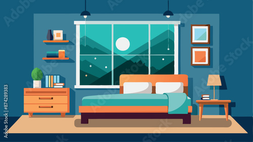 A bedroom with a large window overlooking a mountain range