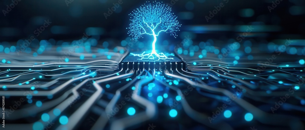 A CPU forest where electronic trees grow from intricate circuit roots A CPU forest where electronic trees grow from intricate circuit roots
