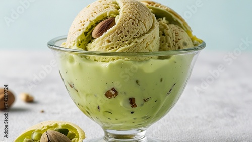 Pistachio Style Ice Cream in a Glass Cup with Pistachio Nuts on a Light Green Background