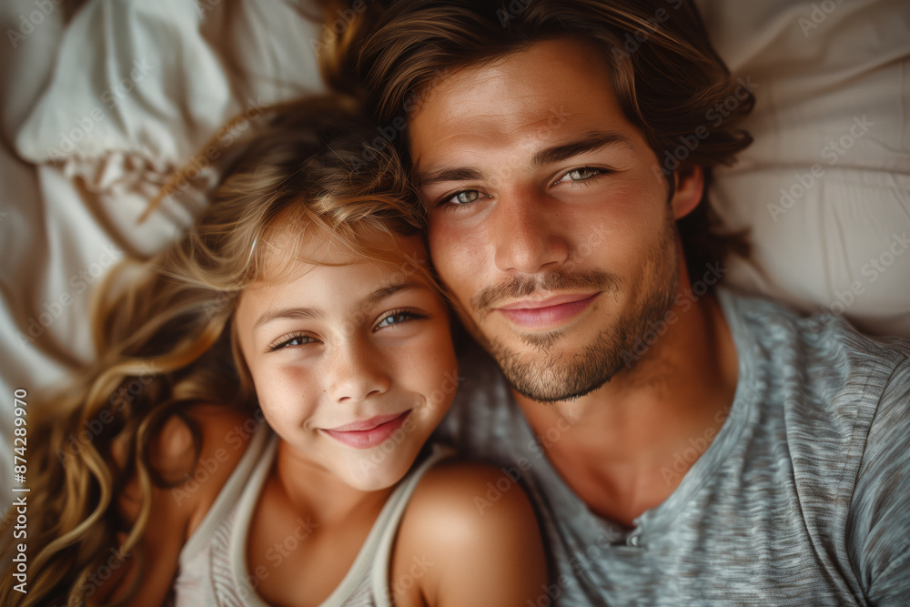 Top view of a happy father and daughter laying on bed, hugging each other, laughing together. Beige tones. Love. Top view of a happy father and daughter laying on bed, hugging each other, laughing together. Beige tones. Love.