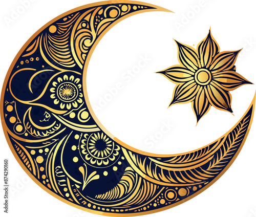 A gold and blue moon with a star in the center