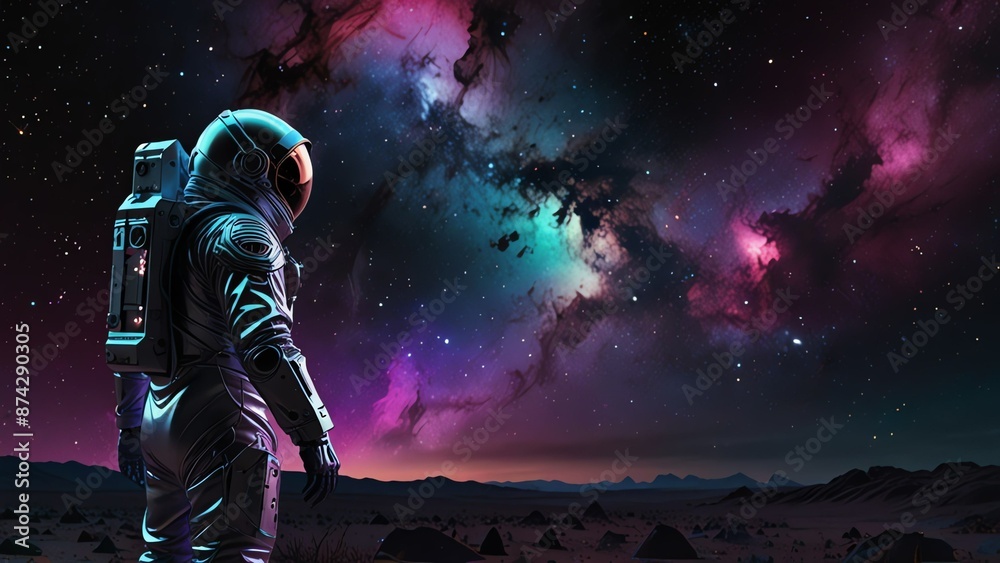 Fototapeta premium In the midst of a swirling nebula, a lone figure drifts in an avant-garde dystopian copy space