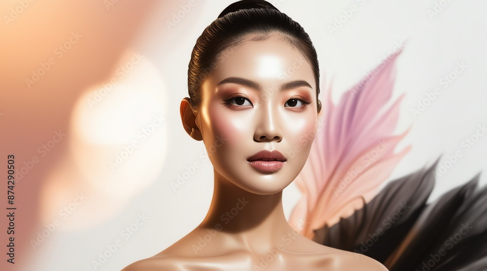 Portrait beautiful asian woman with K-beauty make up style and healthy and perfect skin isolated on white background for skincare commercial product copy space Portrait beautiful asian woman with K-beauty make up style and healthy and perfect skin isolated on white background for skincare commercial product copy space
