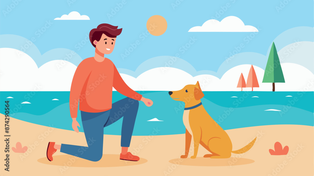 A man is kneeling down to pet a dog on a beach A man is kneeling down to pet a dog on a beach