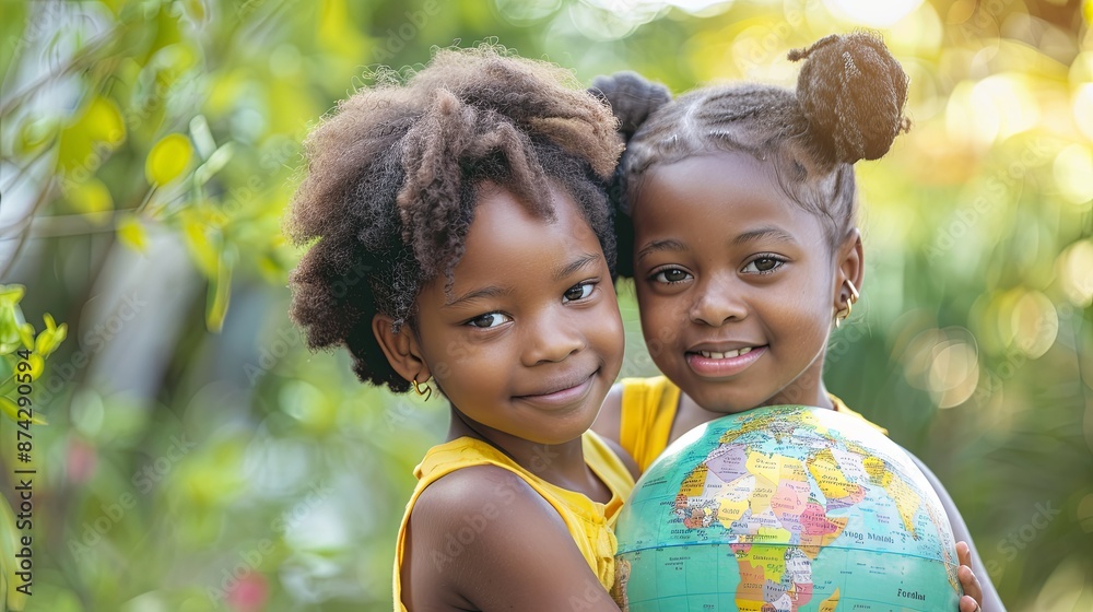 Concept for International Day of Peace: African youngsters holding the Earth globe against a soft backdrop of nature Concept for International Day of Peace: African youngsters holding the Earth globe against a soft backdrop of nature