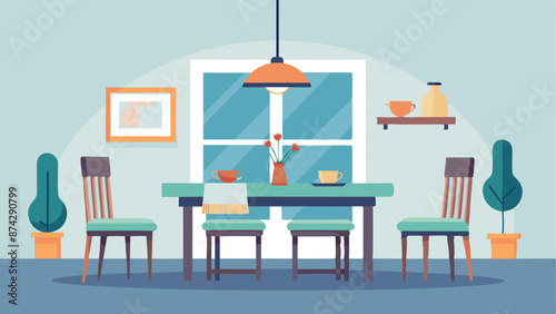 A cartoonish drawing of a dining room with a table and chairs