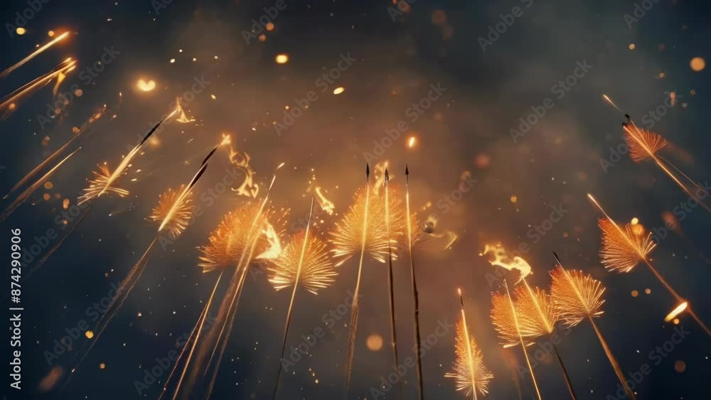A dramatic image of flaming arrows soaring through a smoky night sky, surrounded by glowing embers. The scene is intense and dynamic, capturing the energy and motion of the fiery projectiles.