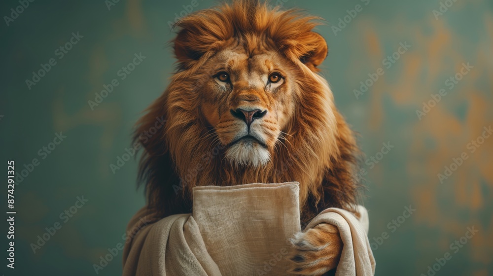 Fototapeta premium Majestic Lion Wrapped In A Blanket Looking Directly At The Camera