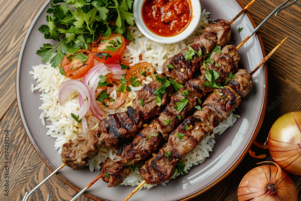 Overhead view of kebab meat on plate with rice Overhead view of kebab meat on plate with rice