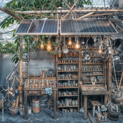 Solar Workshop. An eclectic workshop powered by solar energy, filled with vintage tools and pottery.