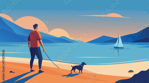 A man and his dog are walking on a beach near a body of water