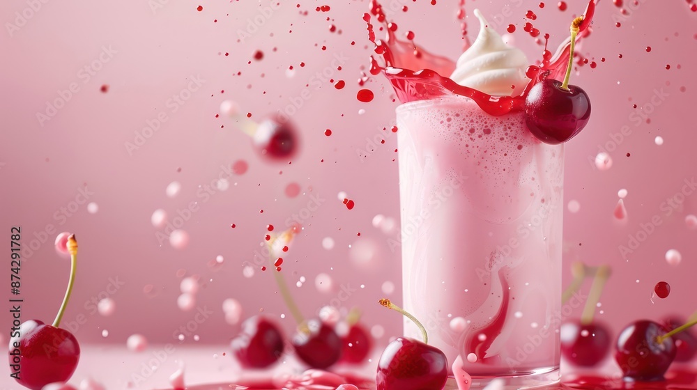Cherry splash milkshake drink with cherries pink and red splash milk background Cherry splash milkshake drink with cherries pink and red splash milk background