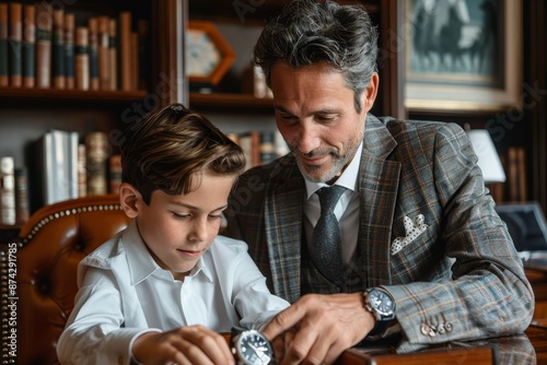 A wealthy father in a tailored suit presenting a luxury watch to his son in a beautifully decorated study