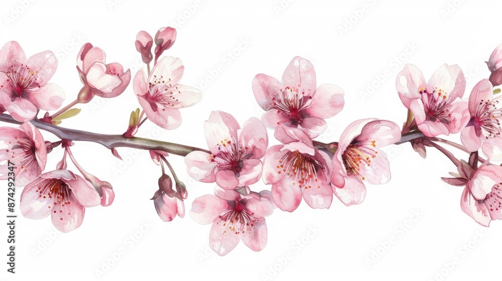 Hand drawn botanical pattern of cherry blossom in watercolor isolated on a white background
