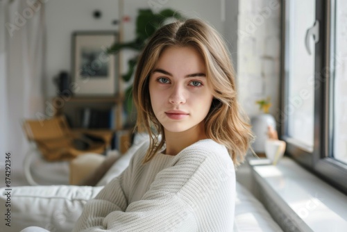 Portrait of a young woman in modern home Free Download Portrait of a young woman in modern home - GFXLoad