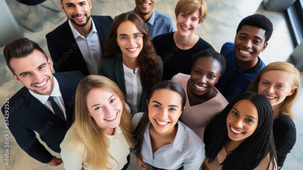 Group of various happy young people looking up and smiling at the camera. Company employee team view from above Group of various happy young people looking up and smiling at the camera. Company employee team view from above
