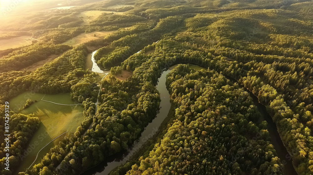 Aerial View of a River Winding Through a Lush Forest at Sunset Aerial View of a River Winding Through a Lush Forest at Sunset
