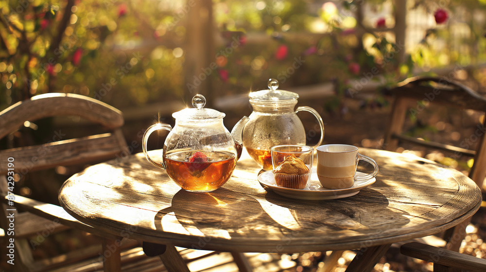 Afternoon Tea in the Garden With Teapots and Muffin Afternoon Tea in the Garden With Teapots and Muffin