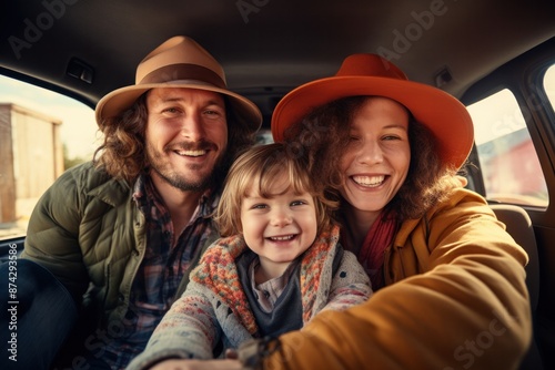 Father, mother and child smiling looking at camera inside happy family car, adventure vacation travel
