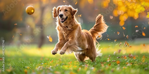 Golden Retriever Playing Fetch In Autumn Park