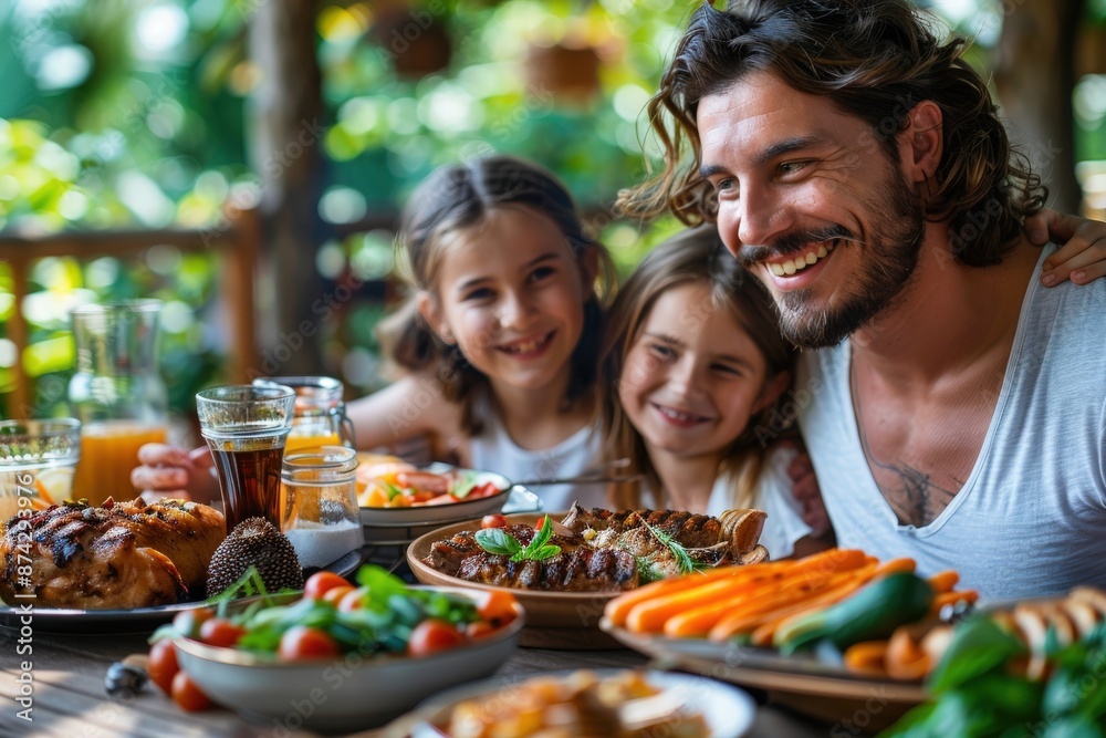 A happy family of a father and daughters enjoying a hearty and delicious meal outdoors, capturing the essence of family bonding, joy, and togetherness in a vibrant setting. A happy family of a father and daughters enjoying a hearty and delicious meal outdoors, capturing the essence of family bonding, joy, and togetherness in a vibrant setting.