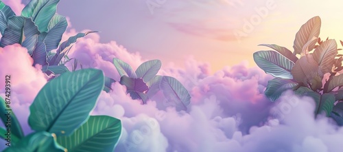 Illustration of green and red leaves located in the middle of a bunch of white clouds against a light purple and yellow sky background