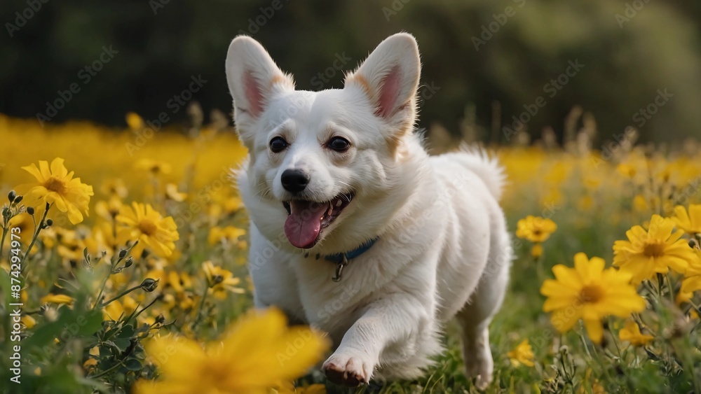 border collie puppy,The image shows a white dog with a blue collar running through a field of yellow flowers. The dog is smiling, and its tongue is out. border collie puppy,The image shows a white dog with a blue collar running through a field of yellow flowers. The dog is smiling, and its tongue is out.