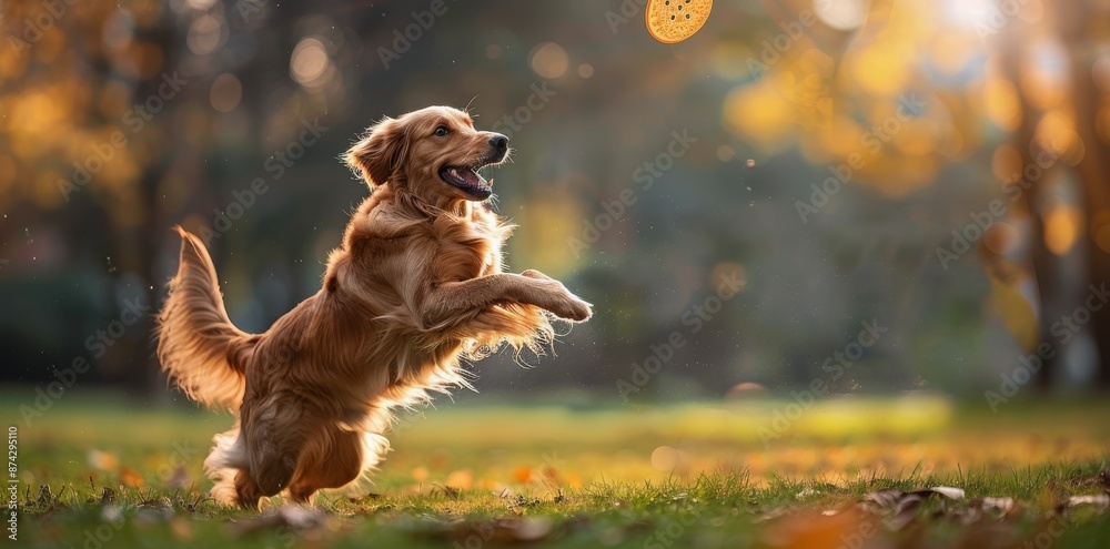Obraz premium Golden Retriever Playing Fetch In Autumn Park