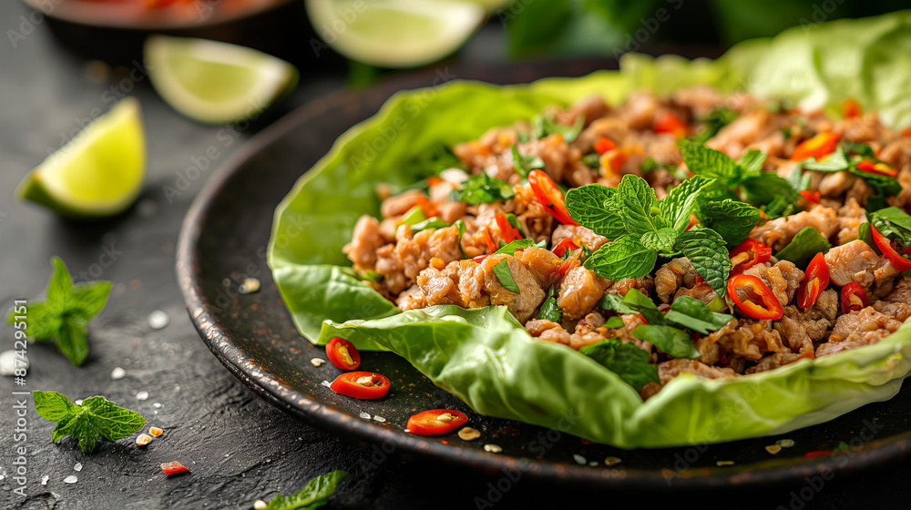 A meticulously presented plate of Larb Moo, Thai food. Generative ai illustration. A meticulously presented plate of Larb Moo, Thai food. Generative ai illustration.